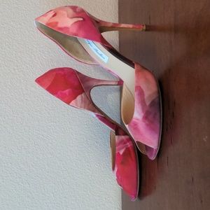 Monique Lhuillier floral peep toe pumps